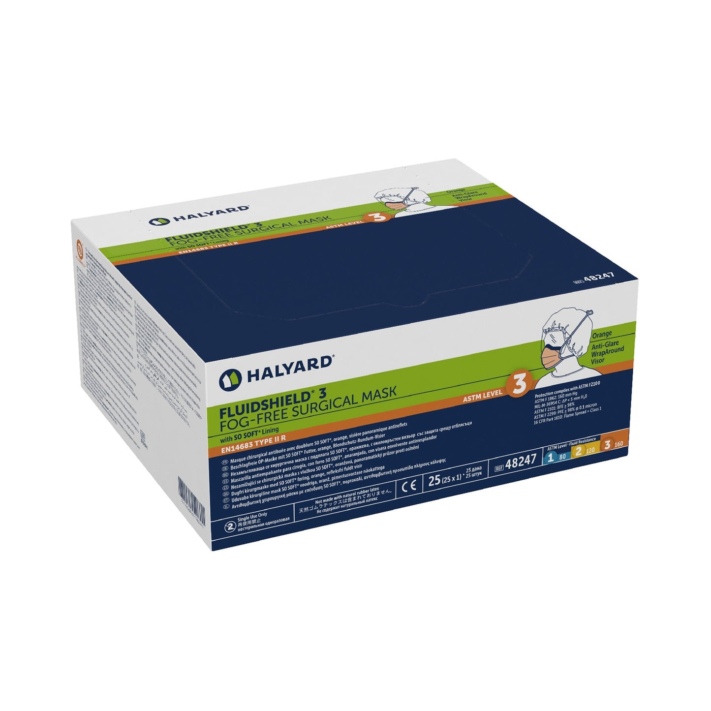 Surgical Mask with Eye Shield FluidShield Anti-fog Foam ASTM Level 3 Tie Closure One Size Fits Most - 48247