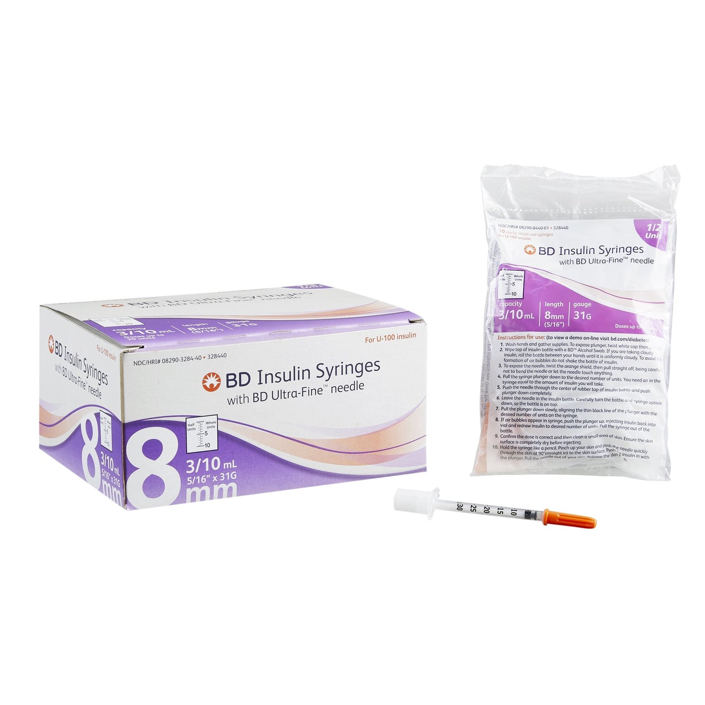 Standard Insulin Syringe with Needle Ultra-Fine™ 0.3 mL 5/16 Inch 31 Gauge NonSafety Regular Wall - 328440