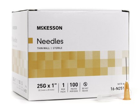 McKesson Hypodermic Thin Wall Needle w/o Safety 25G x 1" - 16-N251