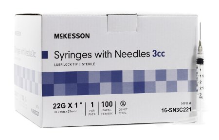 Substitute For McKesson Syringe w/ Detachable Hypodermic Needle w/o Safety 3mL 22G x 1" - 16-SN3C221