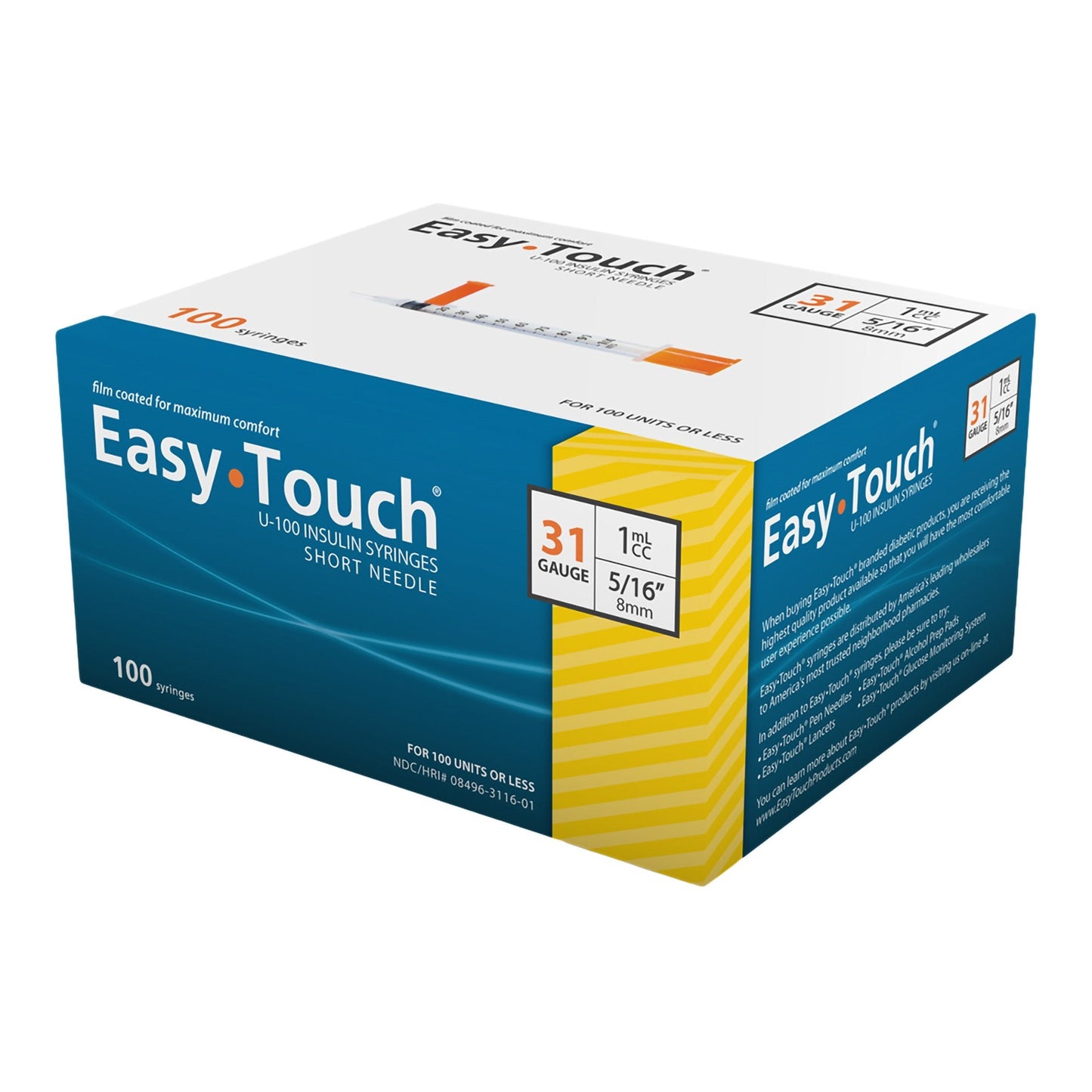 Standard Insulin Syringe with Needle EasyTouch™ 1 mL 5/16 Inch 31 Gauge NonSafety Thin Wall 831165