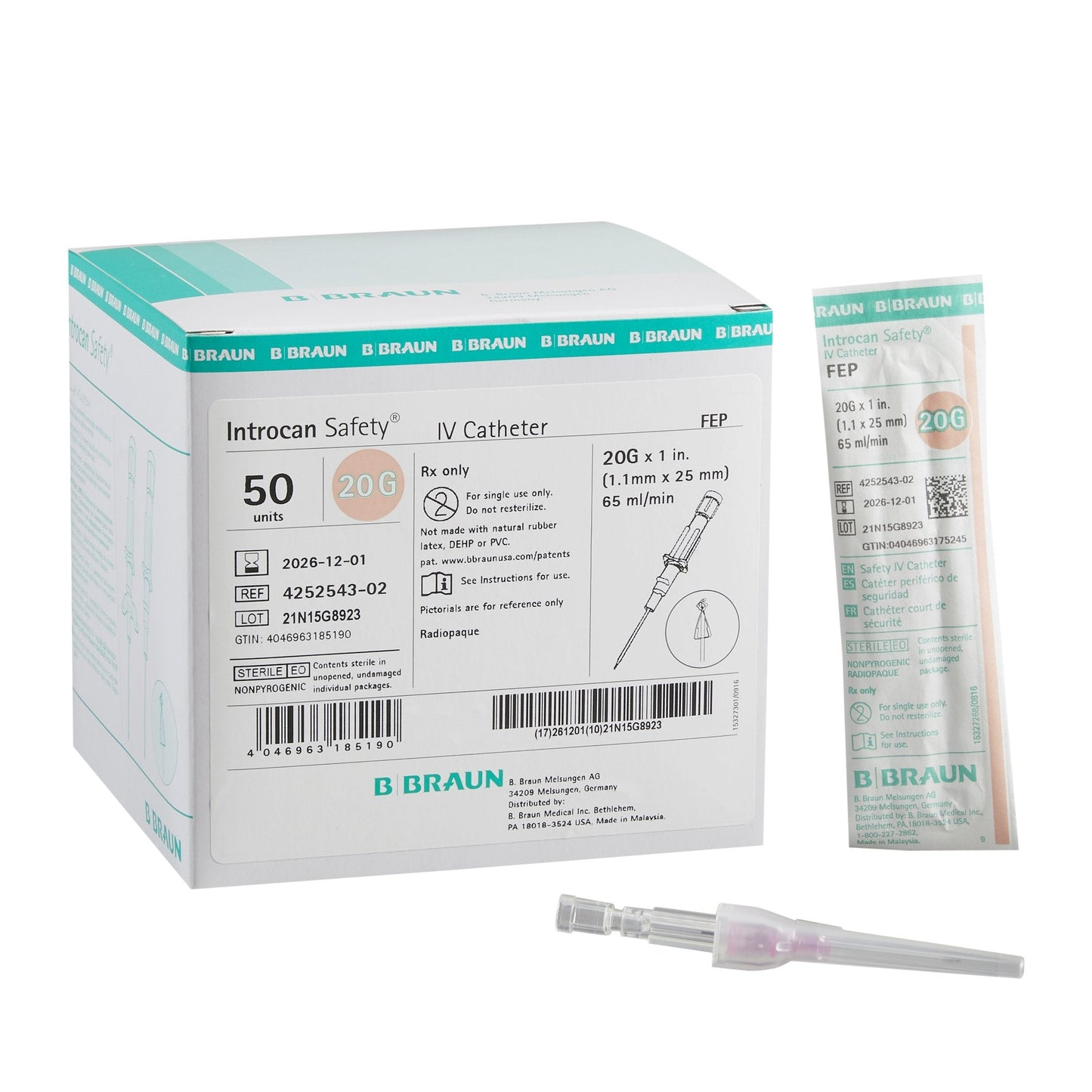 Peripheral IV Catheter Introcan Safety® 20 Gauge 1 Inch FEP Polymer Straight Hub Non Blood Control Passive Safety - 4252543-02