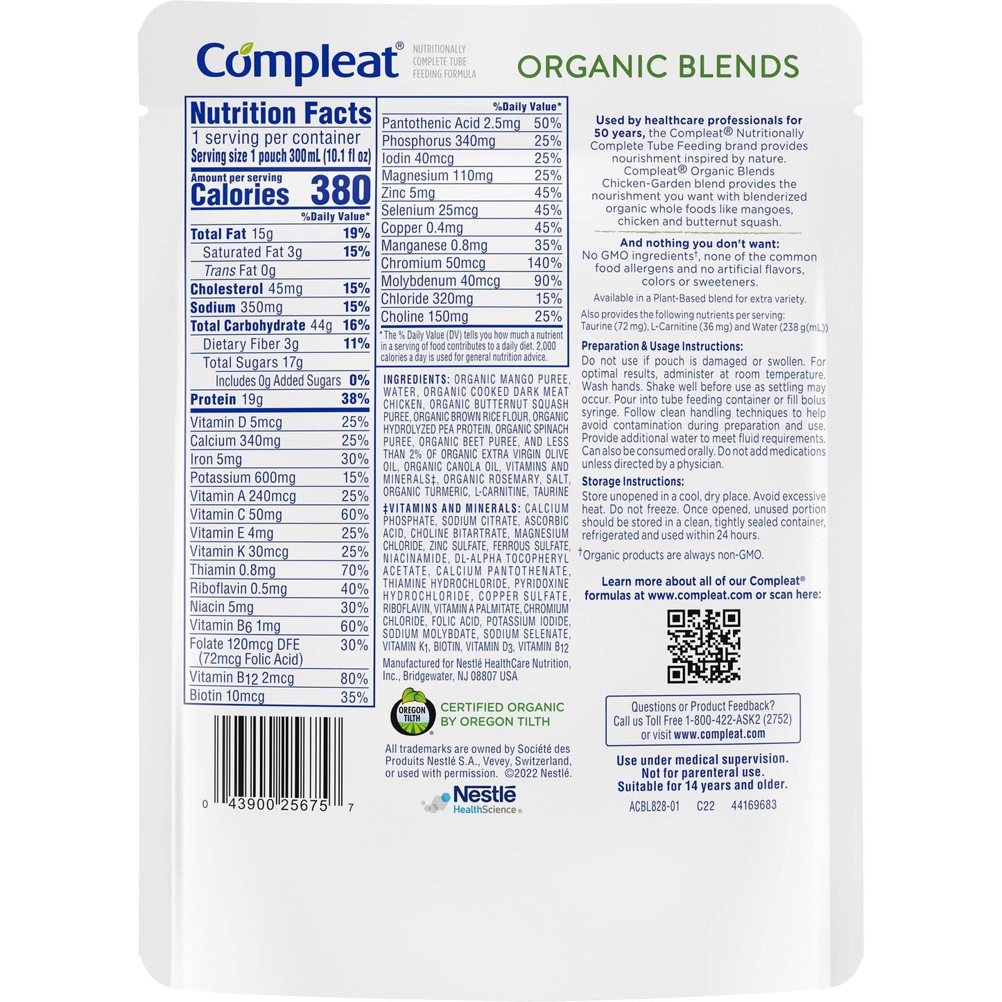 Compleat® Organic Blends Chicken-Garden Blenderized Whole Foods, 10.1 oz. Pouch 00043900479934