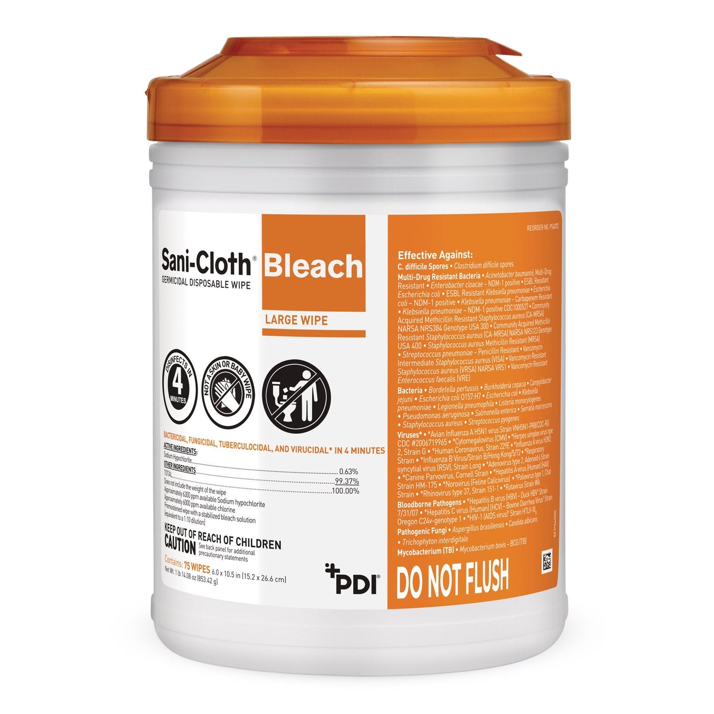 Sani-Cloth® Surface Disinfectant Cleaner Bleach Wipe, 75 Wipes per Canister P54072