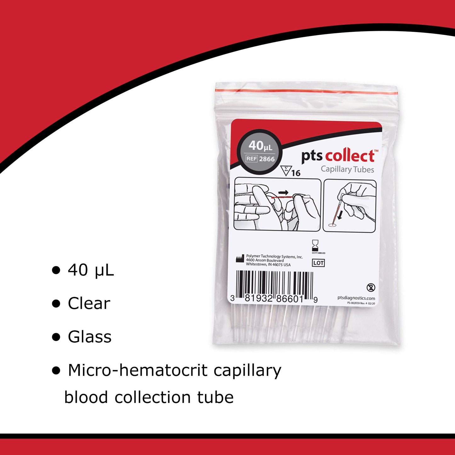 PTS Diagnostics Capillary Blood Collection Tube, 40 µL 2866
