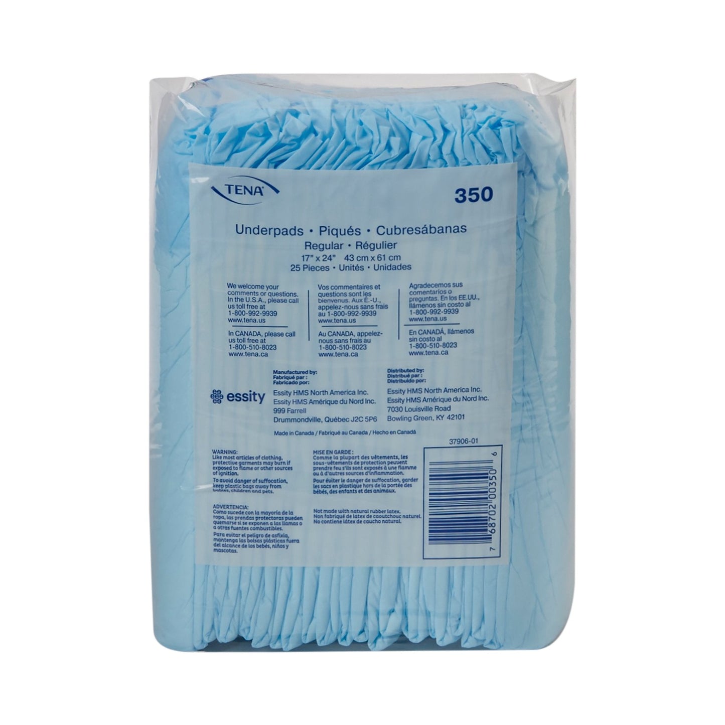 TENA Regular Underpads, Light Absorbency, Blue, Disposable, Latex-Free 350