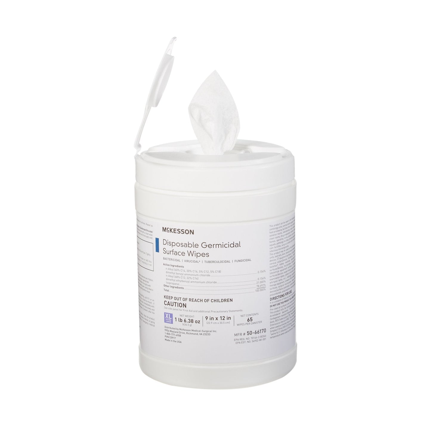 McKesson Germicidal Extra Large Surface Disinfectant Wipes, Canister 50-66170