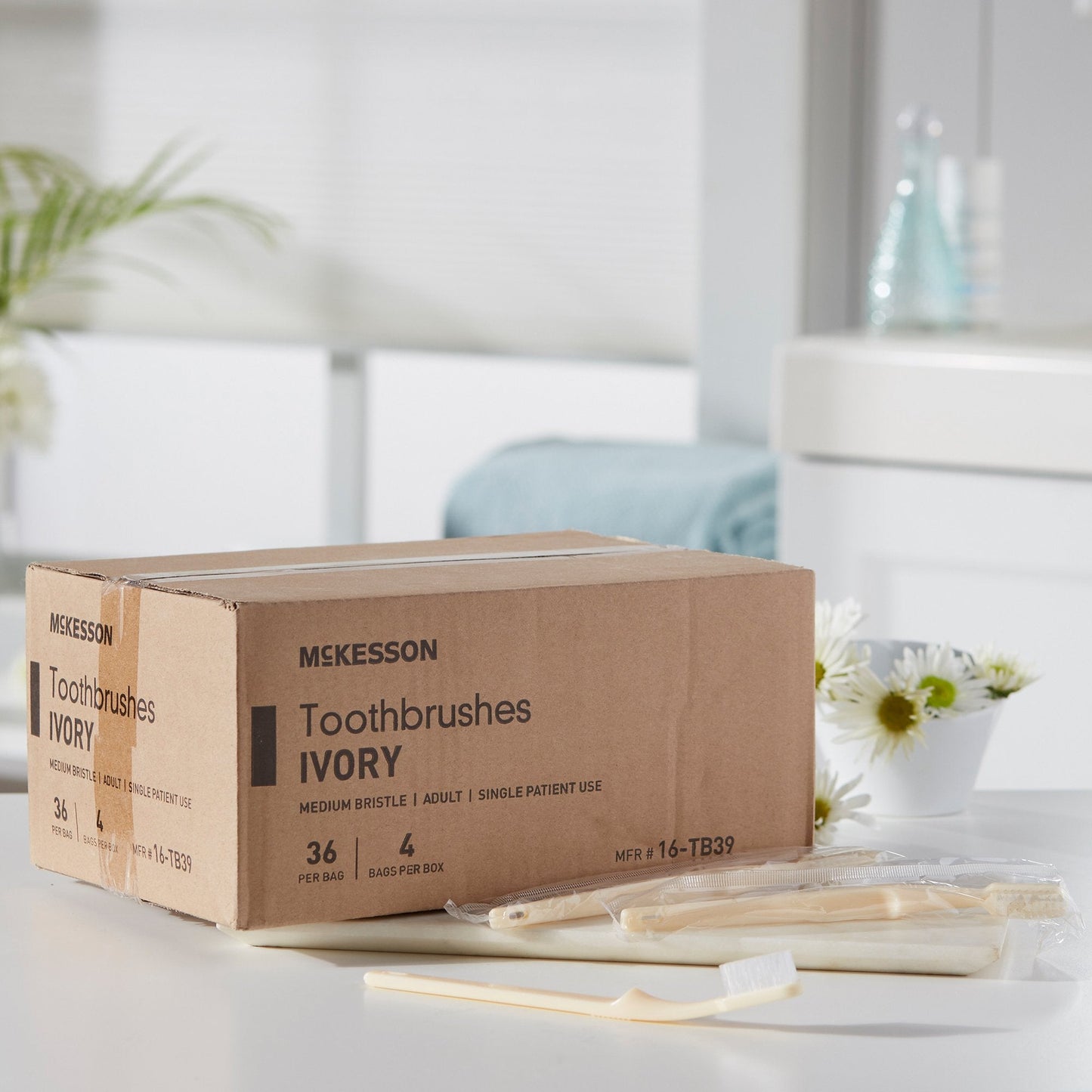 McKesson Toothbrush, Ivory, Medium, 1-1/16" x 3/8" Head, 1/2" x 5-7/8" Handle 16-TB39