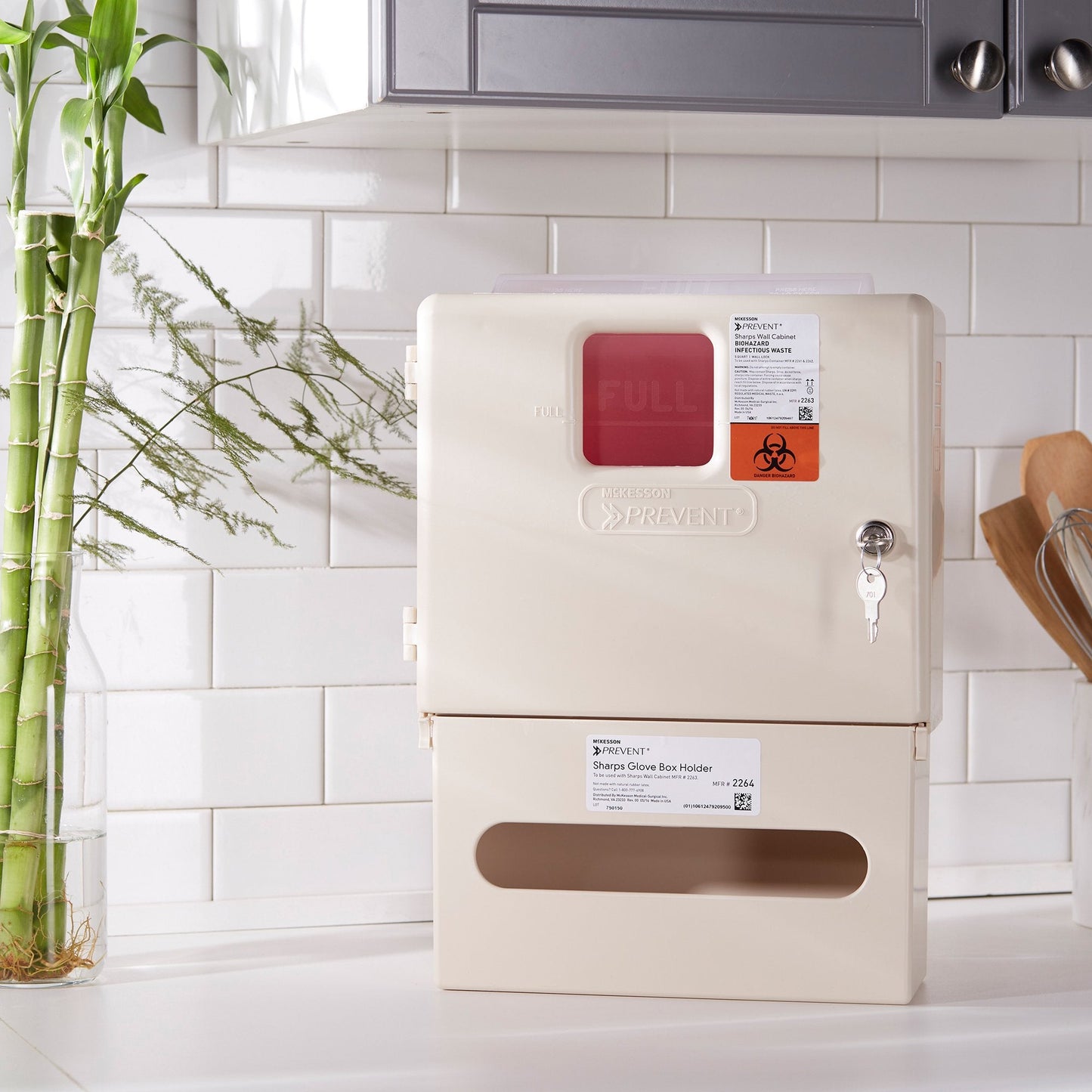 McKesson Prevent® Sharps Wall Cabinet with Glove Box, 12¼ x 4¾ x 15 Inch 2265