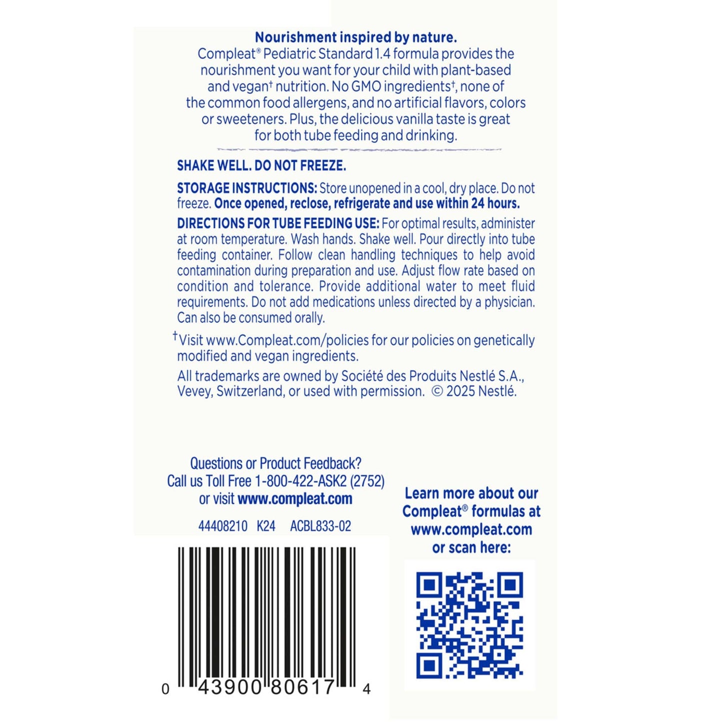 Compleat® Pediatric Standard Plant-Based 1.4 Cal Tube Feed Formula, Vanilla 00043900103563
