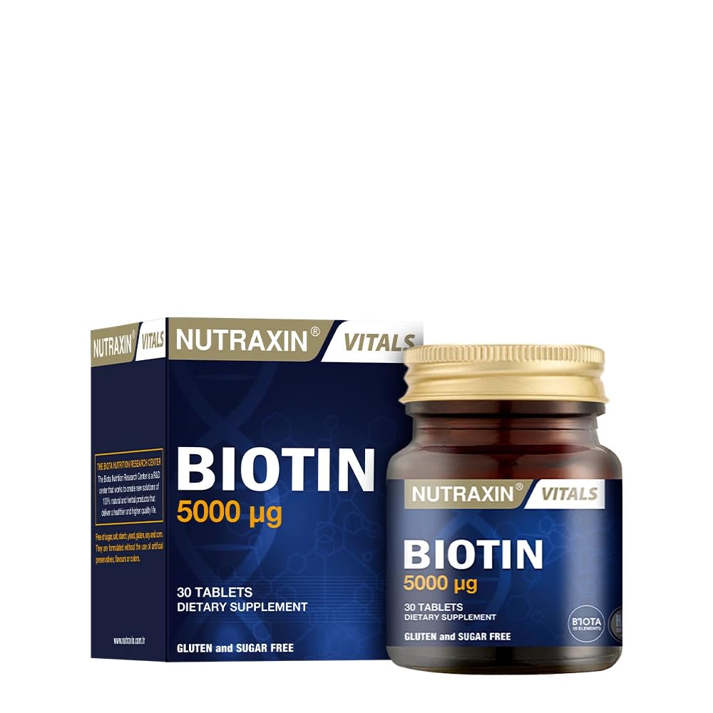 Nutraxin Biotin 5000 mcg Dietary Supplement for Hair, Skin, and Nail Health - 30 Tablets, Vegan & Gluten-Free
