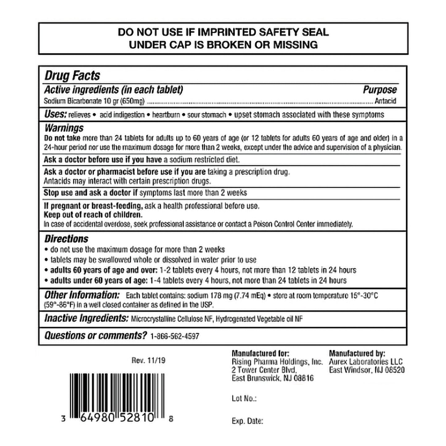Rising® Sodium Bicarbonate Alkalinizing Agent 64980052810