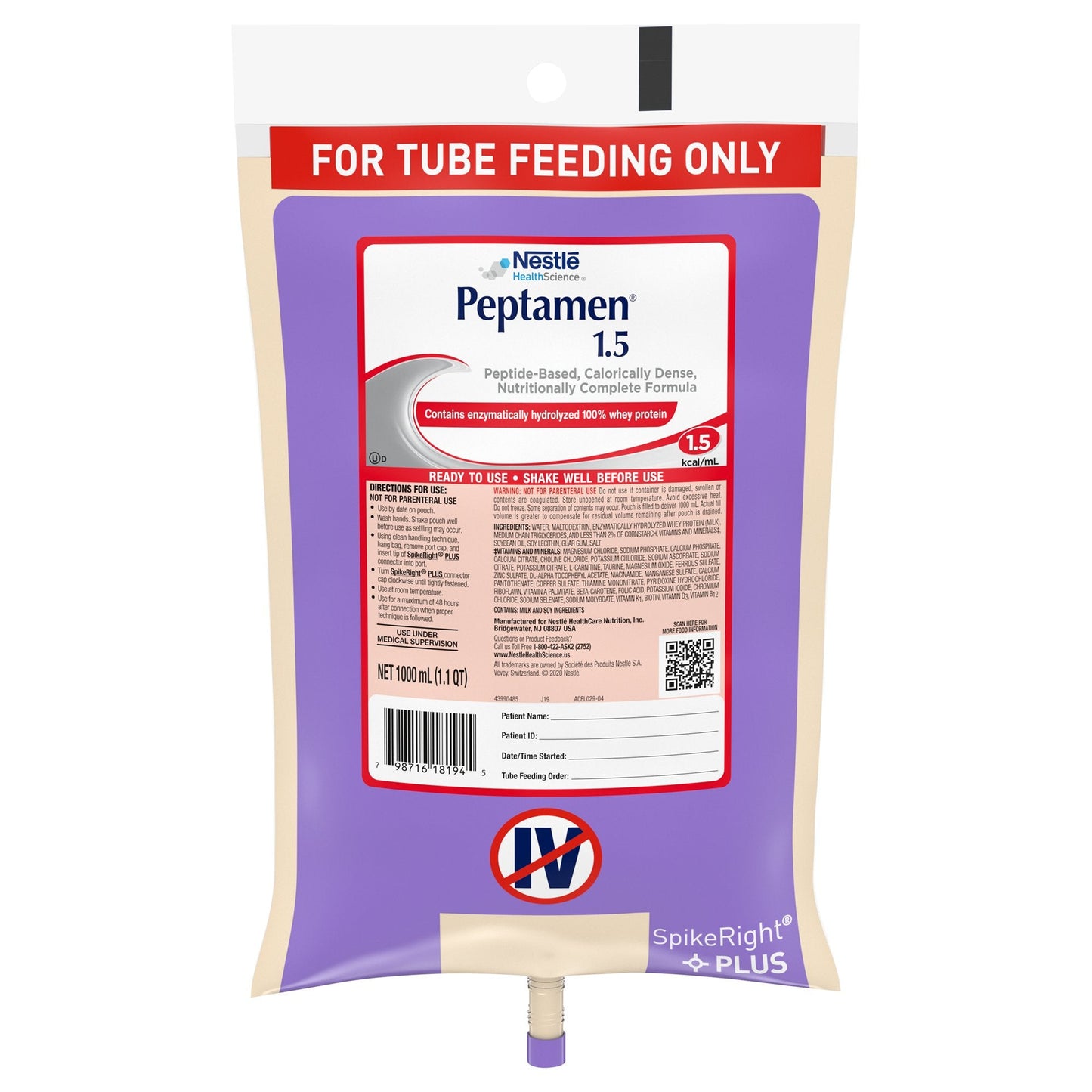 Peptamen® 1.5 Peptide-Based Nutritionally Complete Formula, 1 Liter Bag 10798716281949
