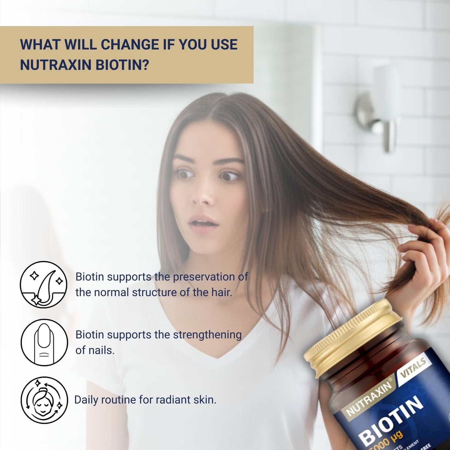 Nutraxin Biotin 5000 mcg Dietary Supplement for Hair, Skin, and Nail Health - 30 Tablets, Vegan & Gluten-Free