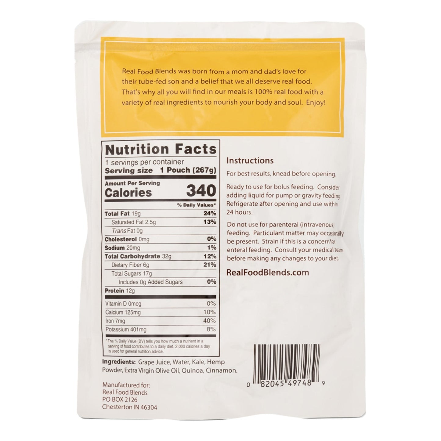 Real Food Blends™ Quinoa, Kale & Hemp Pureed Food Blend for Tube Feed, 9.4-ounce 176992