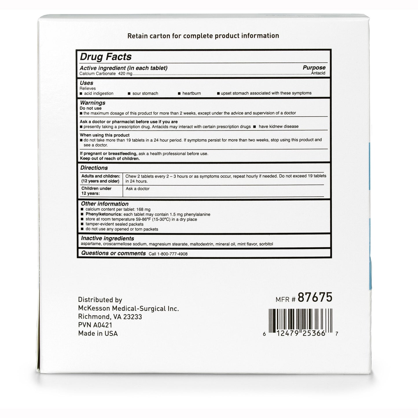 McKesson Calcium Carbonate Antacid Tablets, Mint Flavor 87675