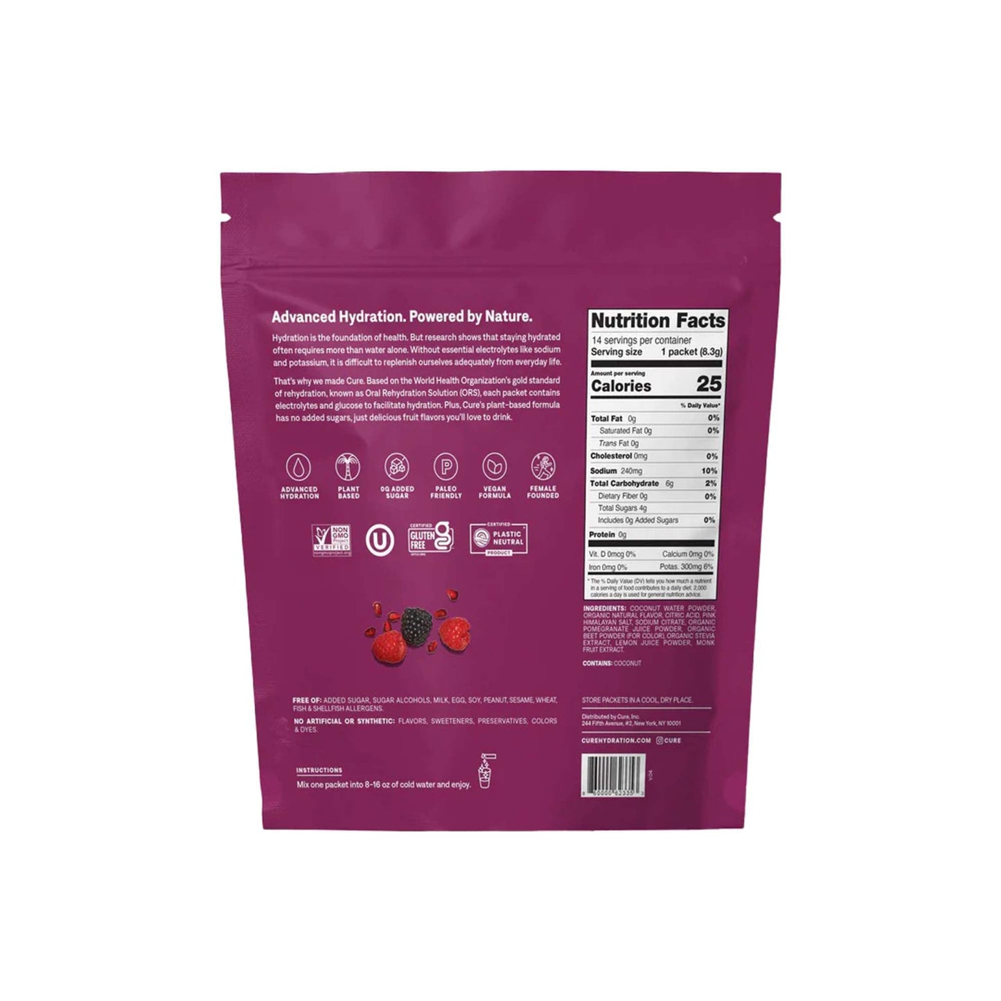 Cure Electrolyte Drink Mix made with Coconut Water, Berry, 7.7-gram Packets HM1002