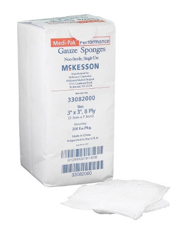 Gauze Sponge McKesson 3 X 3 Inch 8-Ply NonSterile 200 per Pack - 33082000