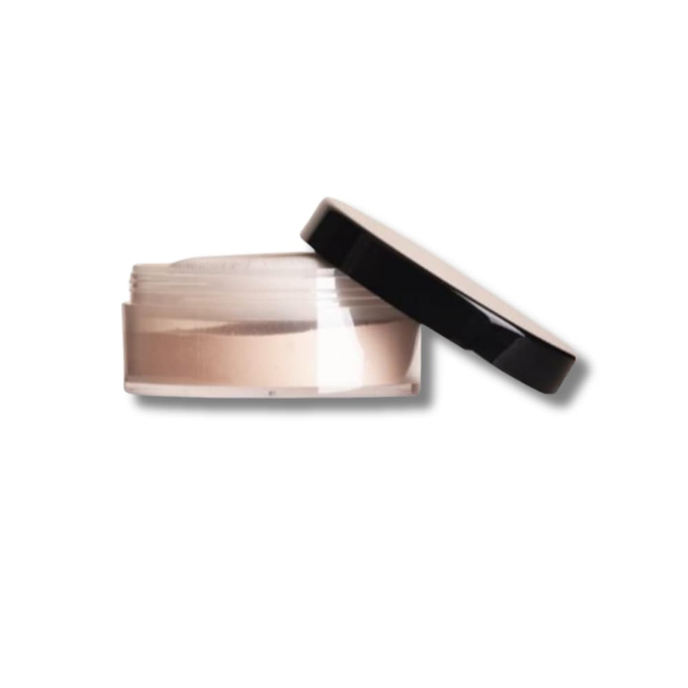 Lightweight Translucent Loose Powder container by Irawo Beauty with lid slightly open, perfect for flawless makeup setting.
