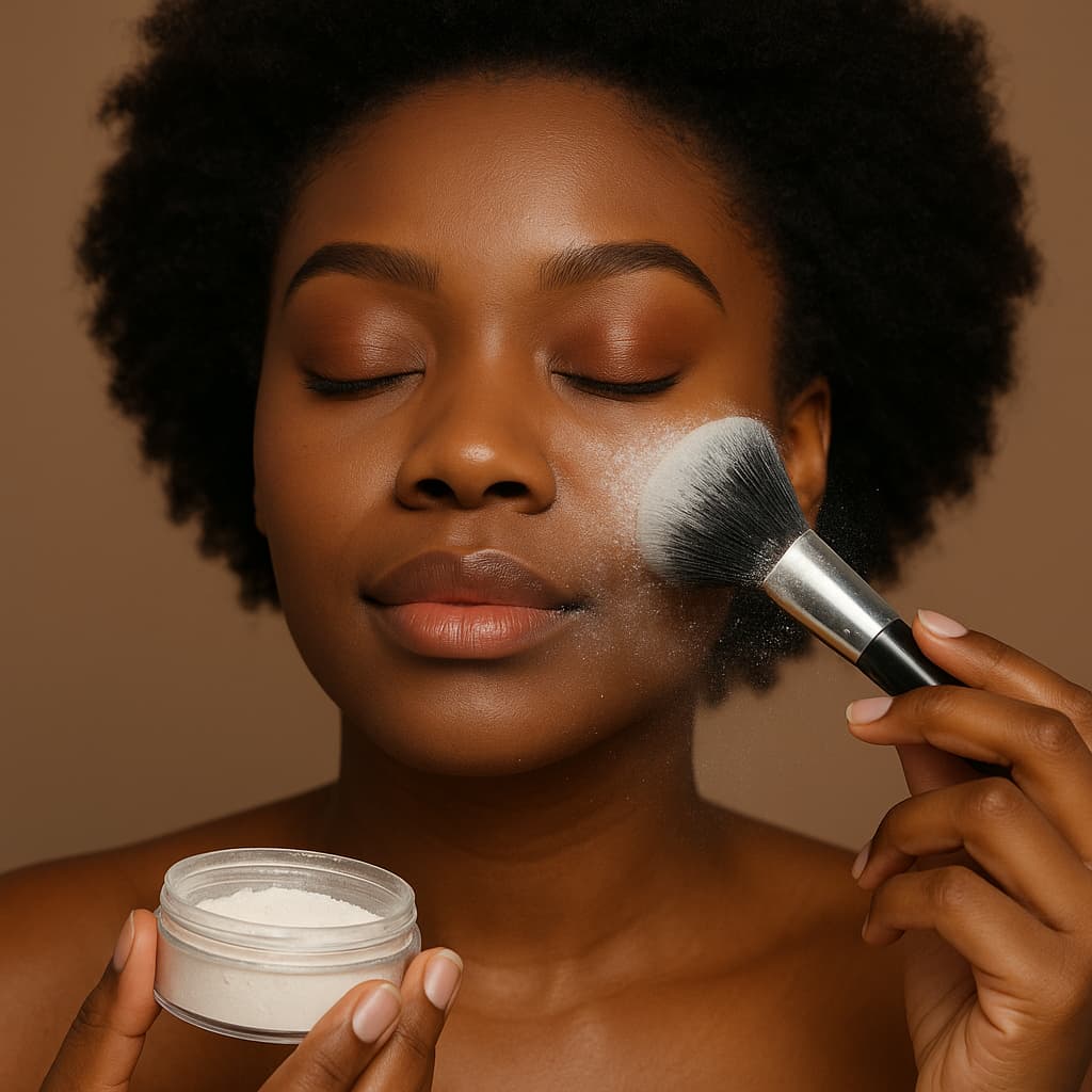Model applying lightweight translucent loose powder with a brush for a flawless finish by Irawo Beauty.
