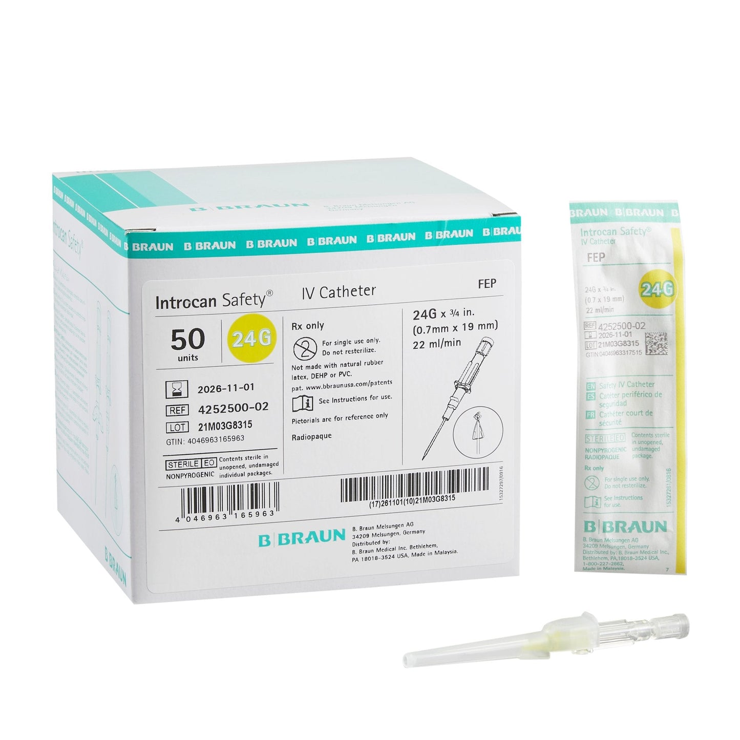 Peripheral IV Catheter Introcan Safety® 24 Gauge 3/4 Inch FEP Polymer Straight Hub Non Blood Control Passive Safety - 4252500-02