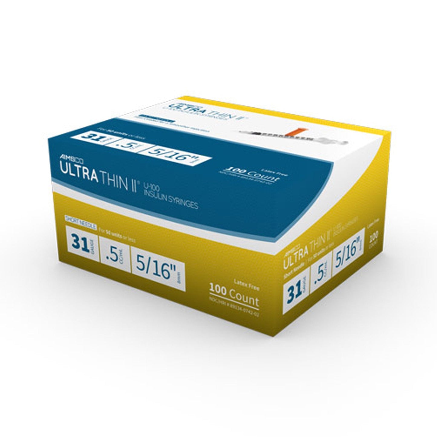 Ultra-Thin II Standard Insulin 0.5 mL Syringe with Needle, 31 Gauge, 5/16 Inch 742