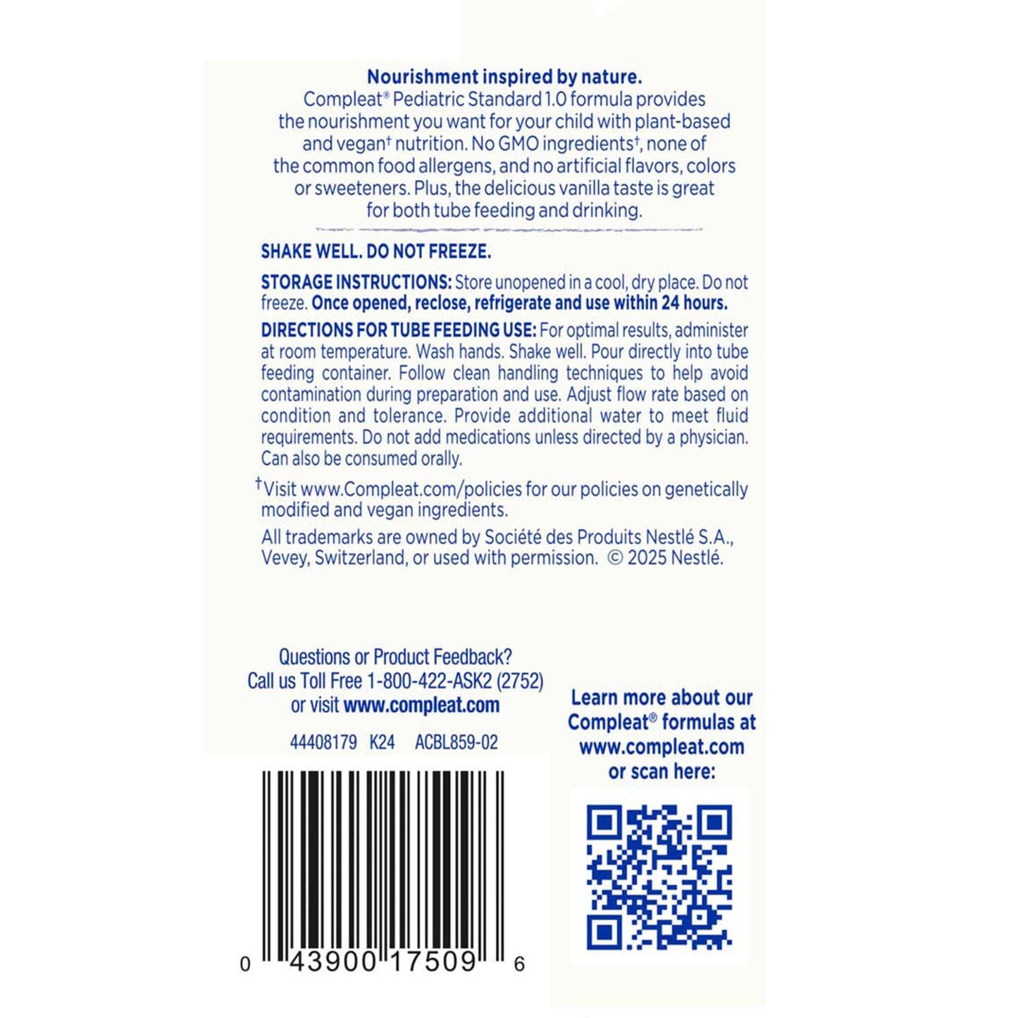 Compleat® Pediatric Standard Plant-Based 1.0 Cal Tube Feed Formula, Vanilla 00043900560410