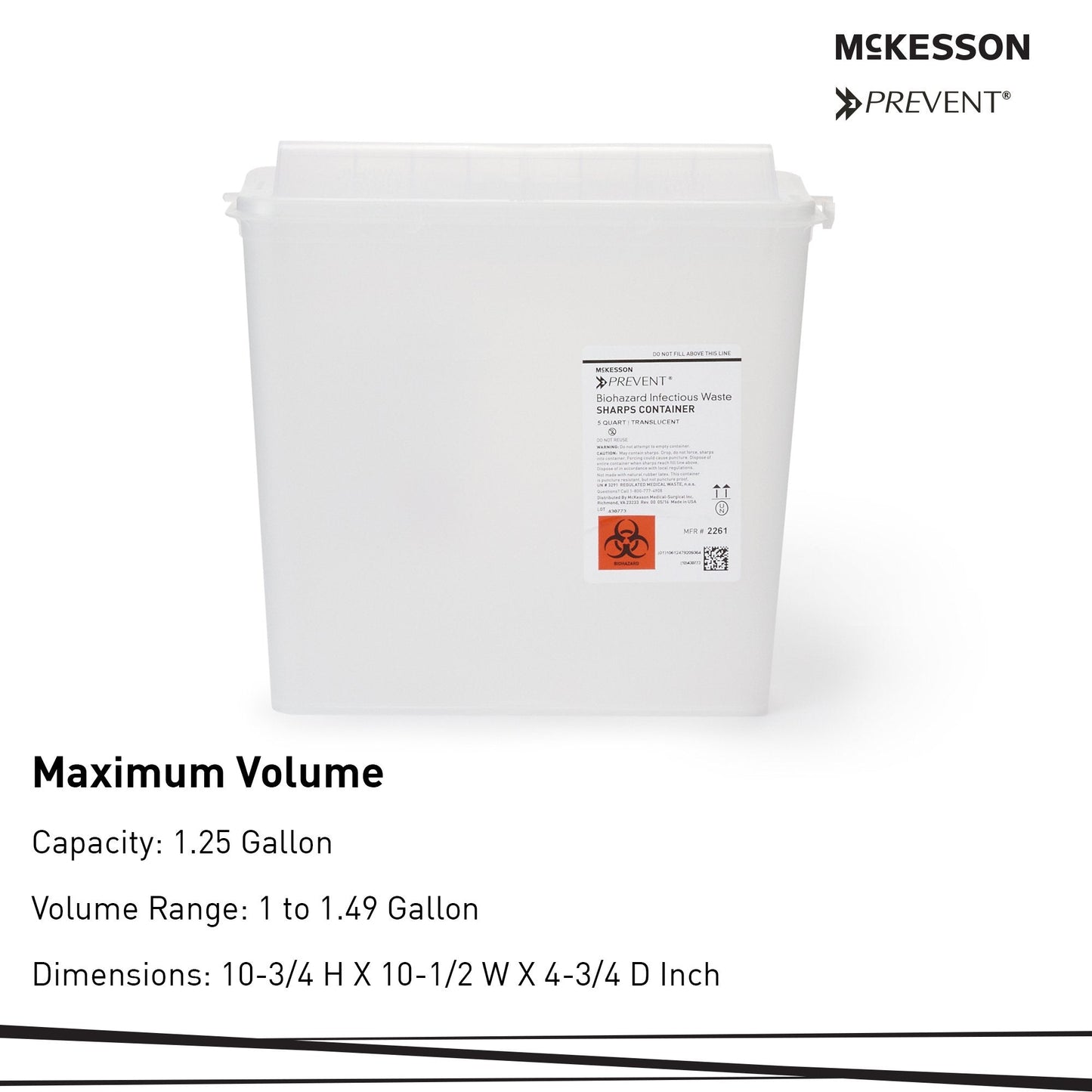 McKesson Prevent® Sharps Container, 1-1/4 Gallon, 10-3/4 x 10-1/2 x 4-3/4 Inch 2261
